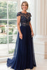 Load image into Gallery viewer, Elegant Navy Chiffon A Line Lace Mother of the Bride Dress with Cape Sleeves