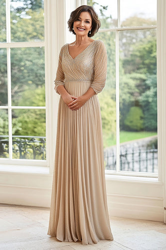 V-Neck Champagne A Line Mother of the Bride Dress with Pleats