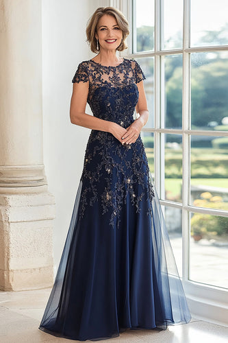 Elegant Lace Navy A Line Mother of the Bride Dress with Cape Sleeves