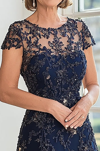 Elegant Lace Navy A Line Mother of the Bride Dress with Cape Sleeves