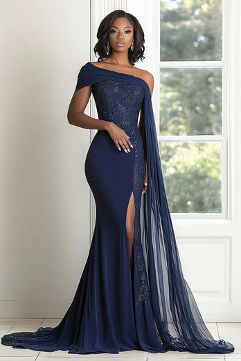 Navy One Shoulder Mermaid Mother of the Bride Dress with Chiffon Cape