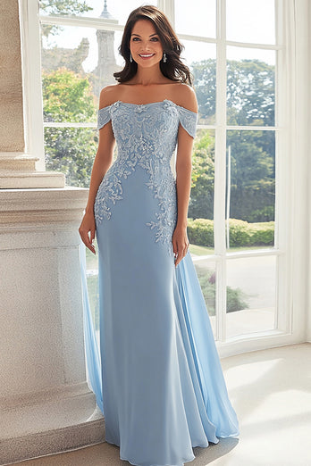 Sky Blue Off The Shoulder Mermaid Mother of the Bride Dress with Lace