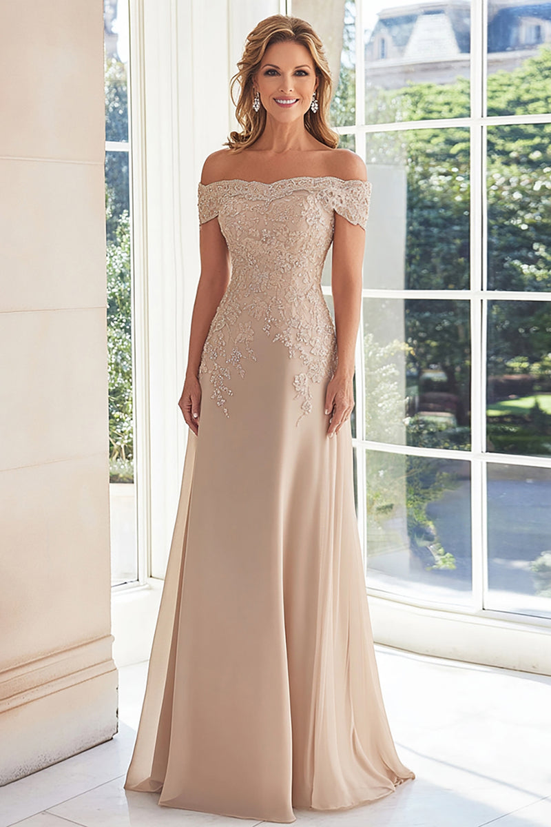 Load image into Gallery viewer, Off The Shoulder Elegant Taupe Sheath Mother of the Bride Dress with Lace