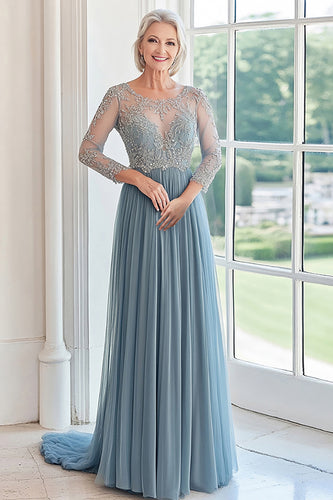 Dusty Blue Tulle Long Sleeves Mother of the Bride Dress with Lace