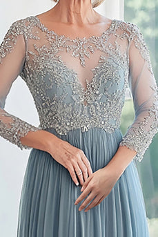 Dusty Blue Tulle Long Sleeves Mother of the Bride Dress with Lace