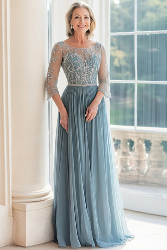 Dusty Blue Tulle 3/4 Sleeves Mother of the Bride Dress with Lace