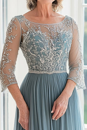 Dusty Blue Tulle 3/4 Sleeves Mother of the Bride Dress with Lace