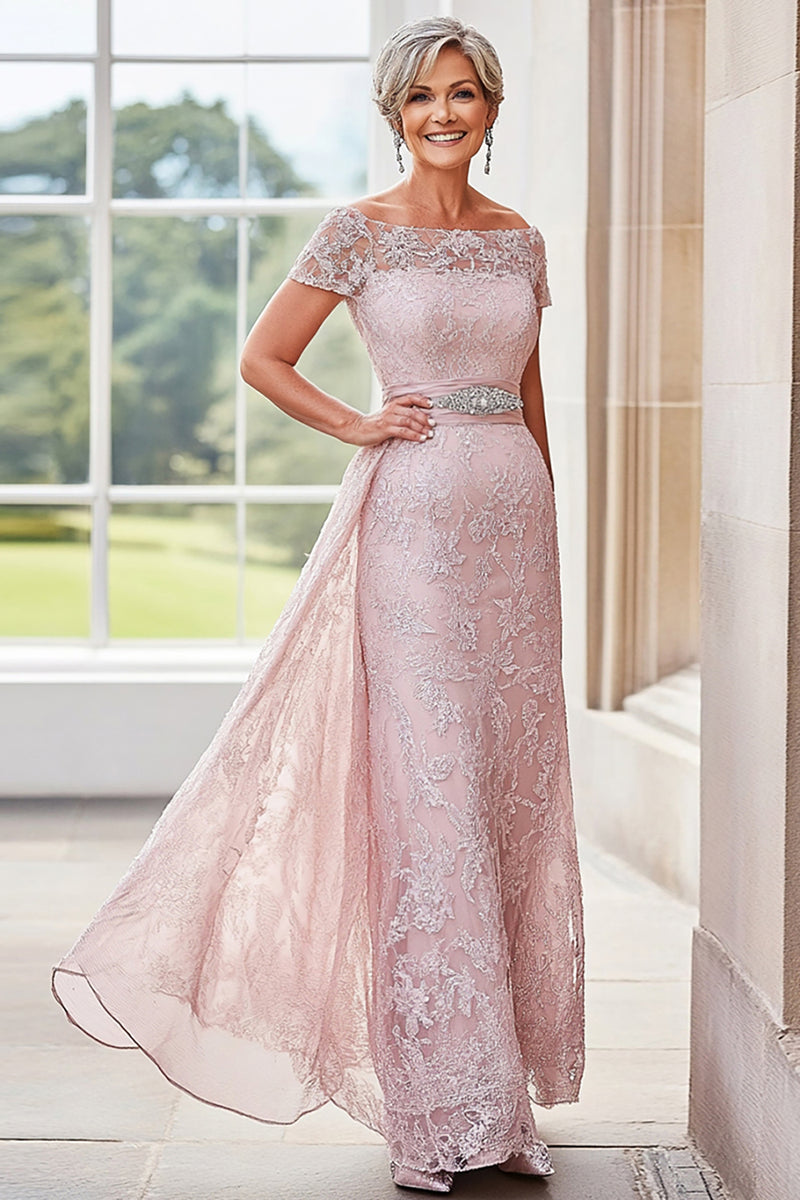 Load image into Gallery viewer, Blush Off The Shoulder Side Cape Mother of the Bride Dress with Lace