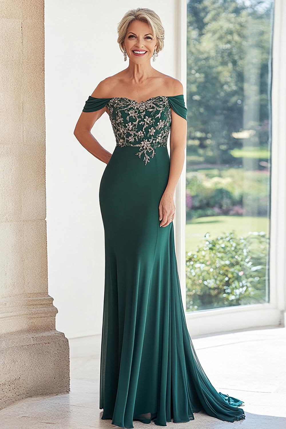 Dark Green Off The Shoulder Chiffon Mother of the Bride Dress with Embroidery