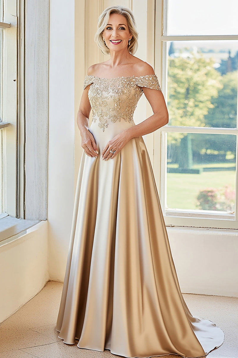 Load image into Gallery viewer, Champagne Off The Shoulder A Line Mother of the Bride Dress with Embroidery