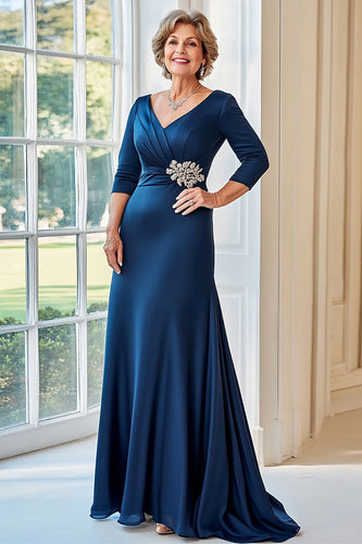 Navy Satin V-Neck Mother of the Bride Dress with 3/4 Sleeves