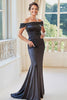 Load image into Gallery viewer, Navy Satin Off The Shoulder Mother of the Bride Dress