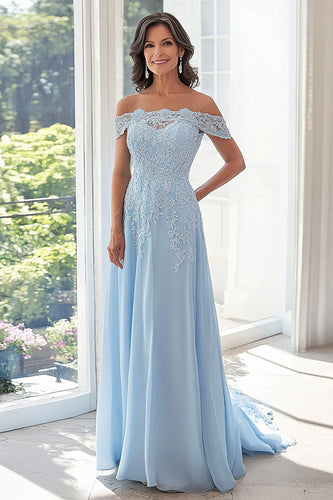 Chiffon Sky Blue Off The Shoulder Mother of the Bride Dress with Lace