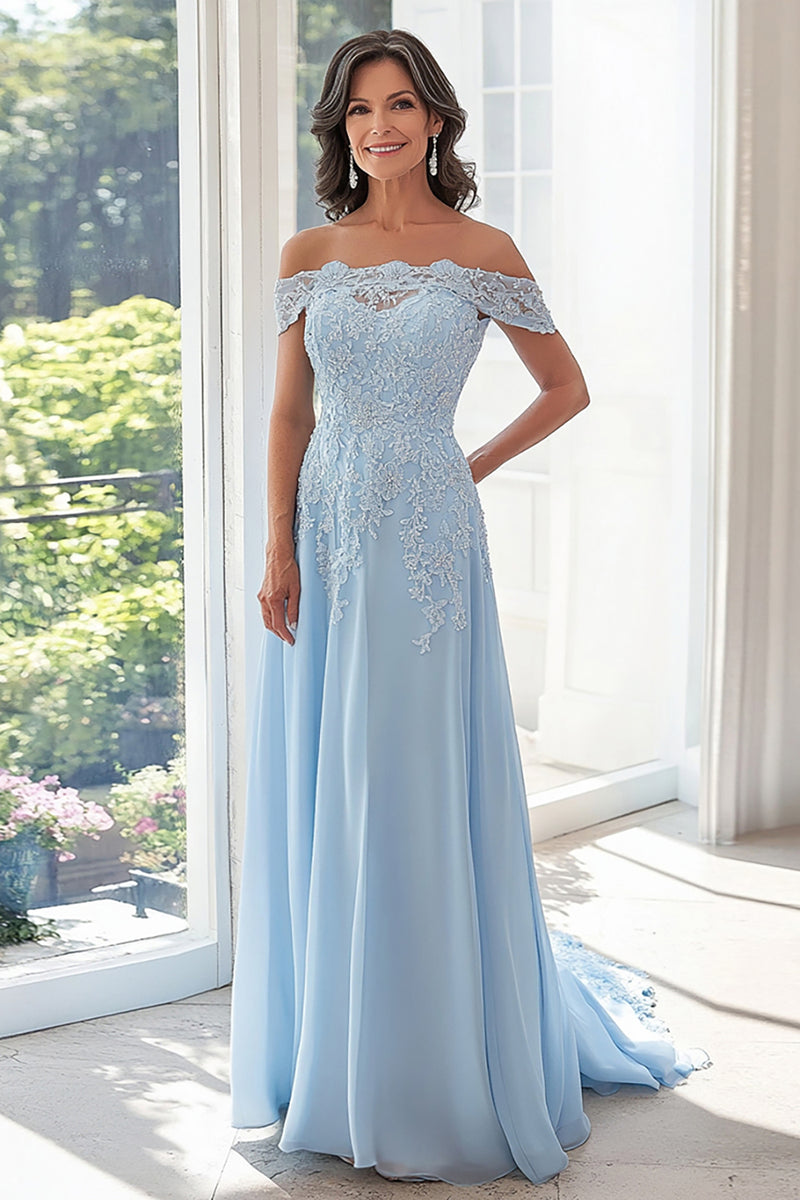 Load image into Gallery viewer, Chiffon Sky Blue Off The Shoulder Mother of the Bride Dress with Lace