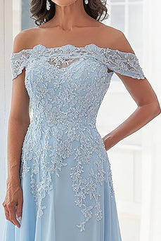 Chiffon Sky Blue Off The Shoulder Mother of the Bride Dress with Lace