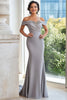 Load image into Gallery viewer, Mermaid Chic Grey Satin Off The Shoulder Mother of the Bride Dress with Embroidery