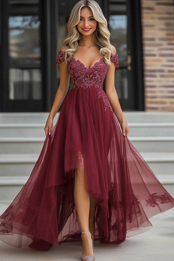 High-Low Burgundy A Line Mother of the Bride Dress with Appliques