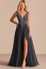 Load image into Gallery viewer, Charcoal A Line Lace V-Neck Mother of the Bride Dress with Slit