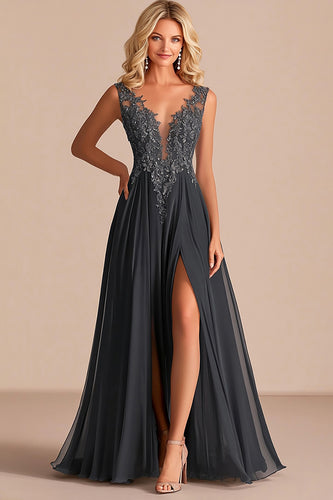 Charcoal A Line Lace V-Neck Mother of the Bride Dress with Slit