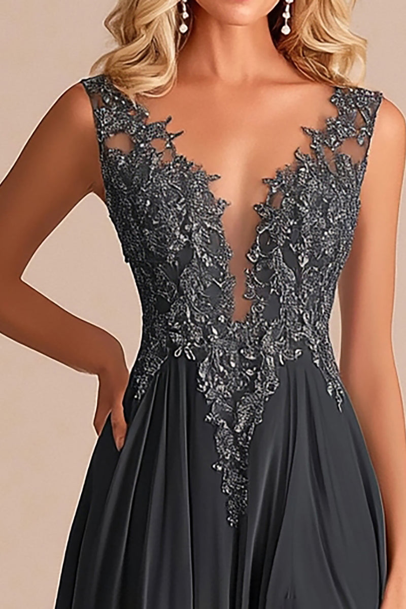 Load image into Gallery viewer, Charcoal A Line Lace V-Neck Mother of the Bride Dress with Slit