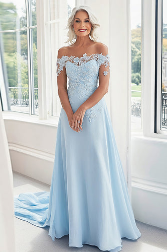 Chiffon Off The Shoulder Sky Blue A Line Mother of the Bride Dress with Appliques