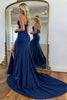 Load image into Gallery viewer, Navy Strapless Keyhole Satin Long Prom Dress with Slit