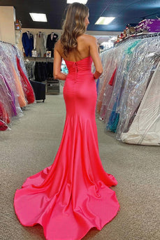 Fuchsia Ruched Strapless Keyhole Long Prom Dress with Slit