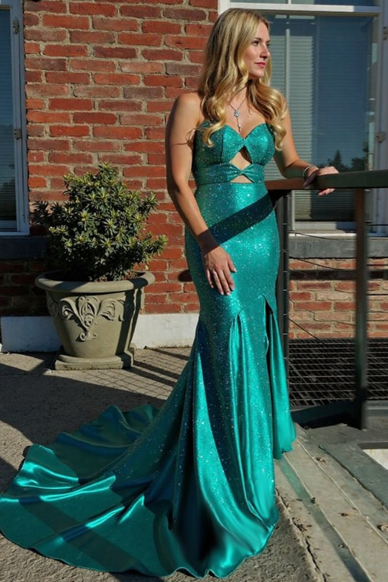 Load image into Gallery viewer, Sparkly Green Sweetheart Mermaid Prom Dress with Slit