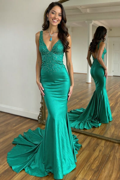 Green V-Neck Mermaid Sparkly Prom Dress with Beading