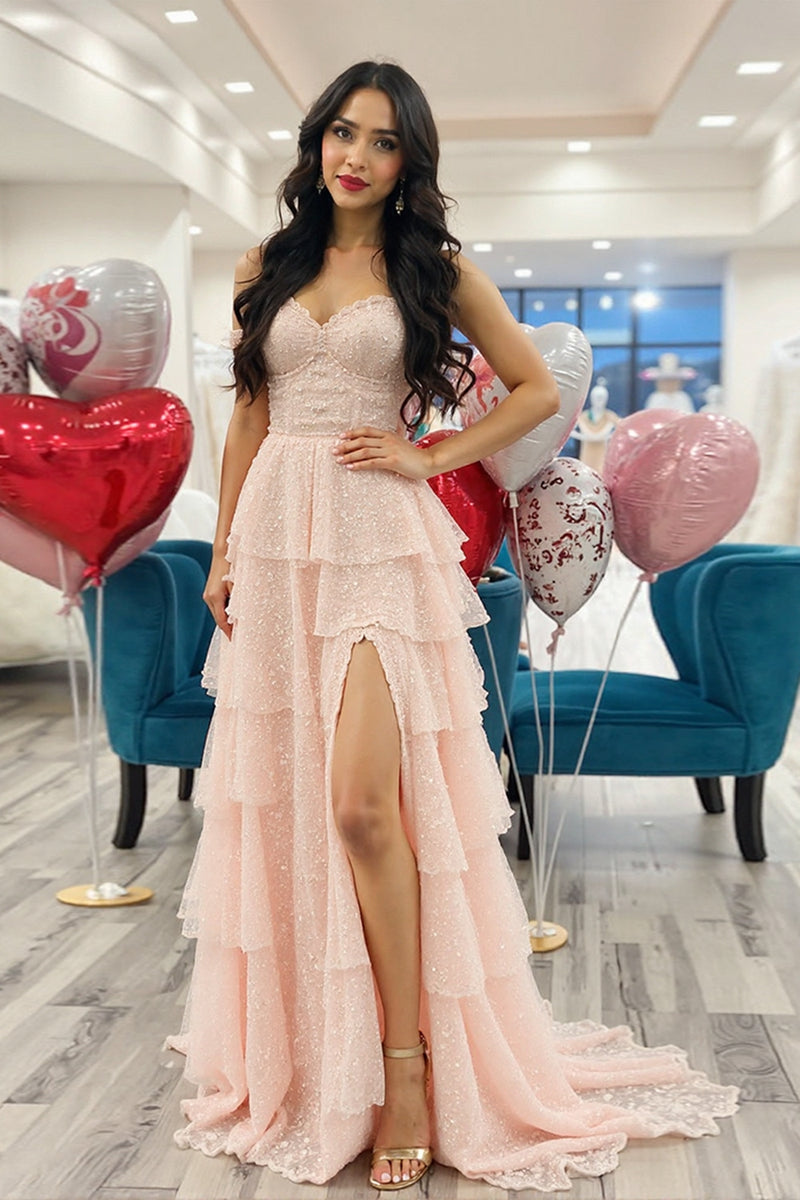 Load image into Gallery viewer, Glitter Blush Sweetheart Tiered Prom Dress with Slit