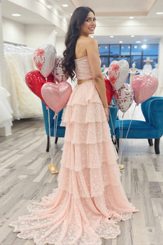 Glitter Blush Sweetheart Tiered Prom Dress with Slit