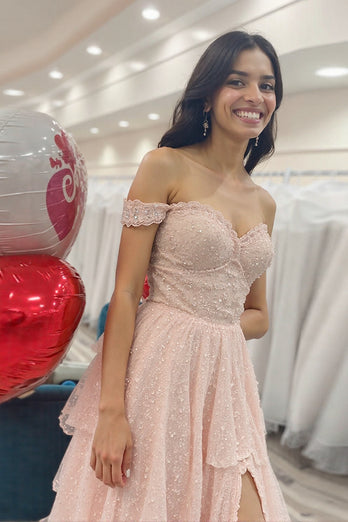 Glitter Blush Sweetheart Tiered Prom Dress with Slit