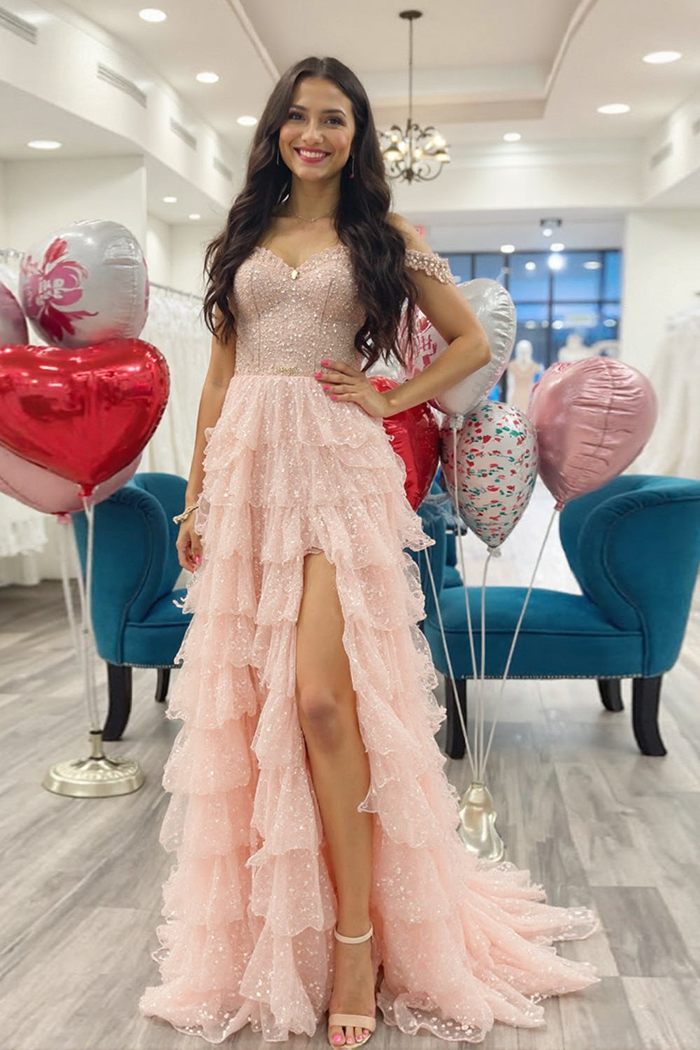 Sparkly Blush Corset Off the Shoulder Prom Dress with Slit