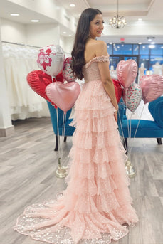 Sparkly Blush Corset Off the Shoulder Prom Dress with Slit