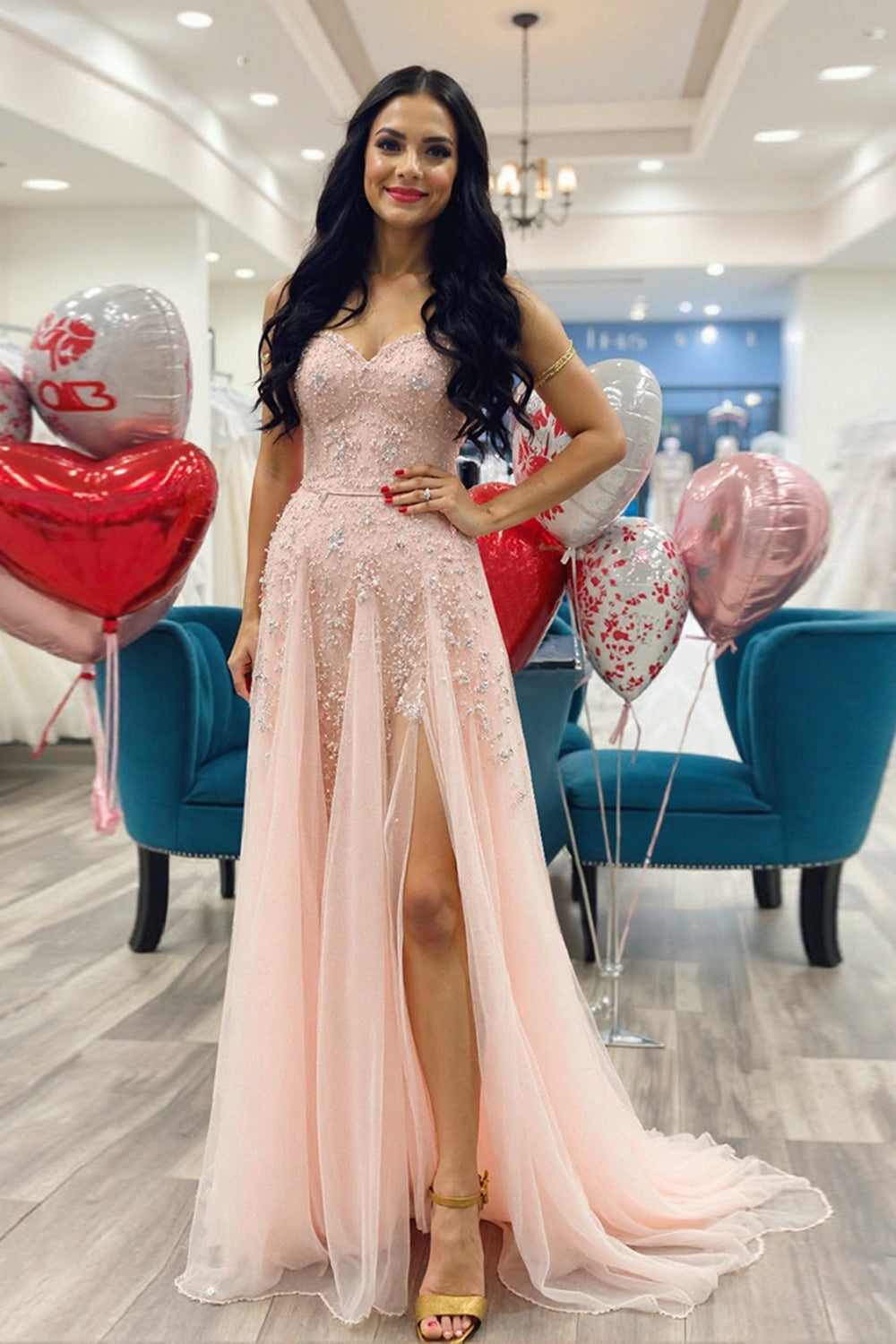 Sparkly Blush Tulle A Line Floor Length Prom Dress with Slit