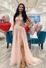 Load image into Gallery viewer, Sparkly Blush Tulle A Line Floor Length Prom Dress with Slit