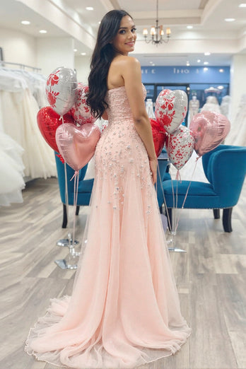 Sparkly Blush Tulle A Line Floor Length Prom Dress with Slit