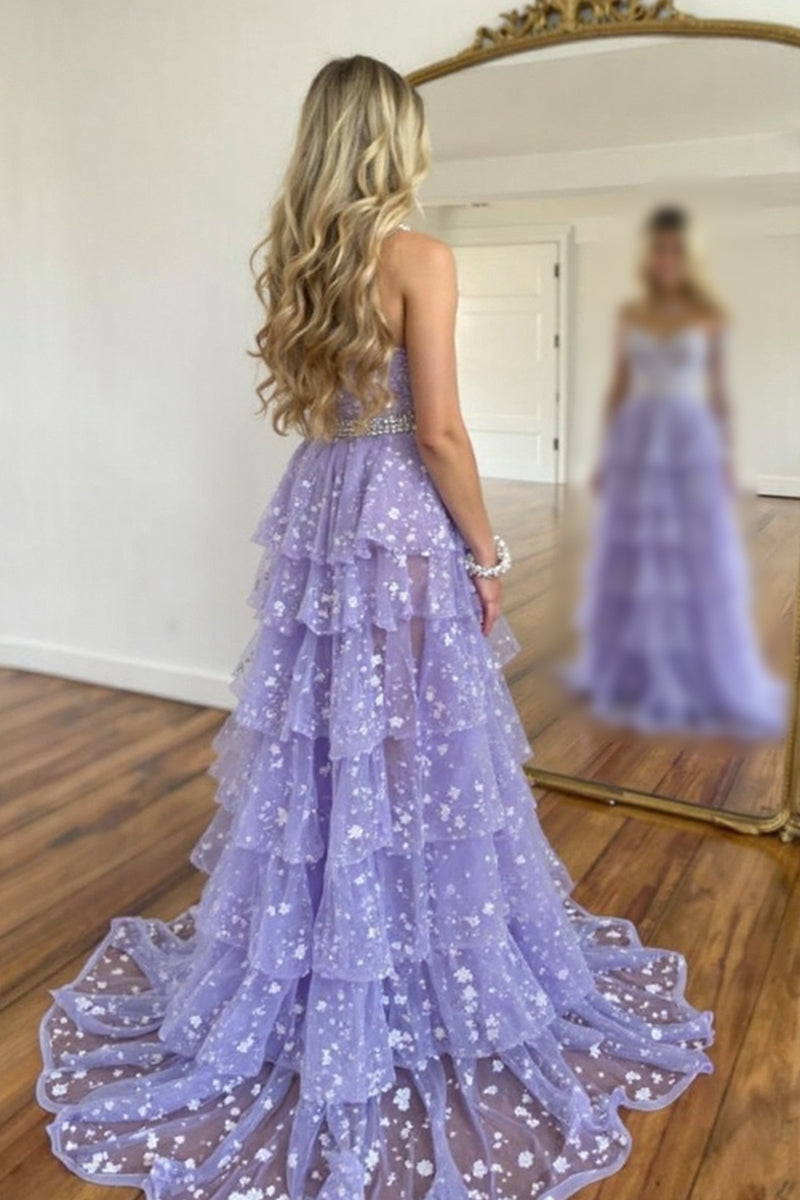 Load image into Gallery viewer, Lilac Spaghetti Straps Tulle Tiered Long Prom Dress