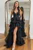 Load image into Gallery viewer, Black Lace Tiered Long Corset Prom Dress with Slit