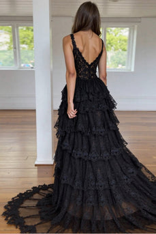 Black Lace Tiered Long Corset Prom Dress with Slit