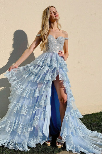 Sky Blue Sparkly Off the Shoulder Tiered Prom Dress with Lace