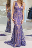 Load image into Gallery viewer, Dark Purple Mermaid V-Neck Backless Prom Dress with Lace