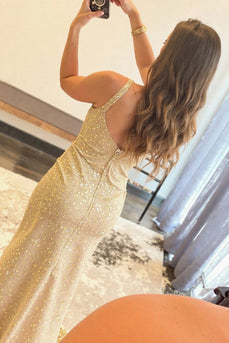 Sparkly Golden V-Neck Sheath Long Prom Dress with Slit