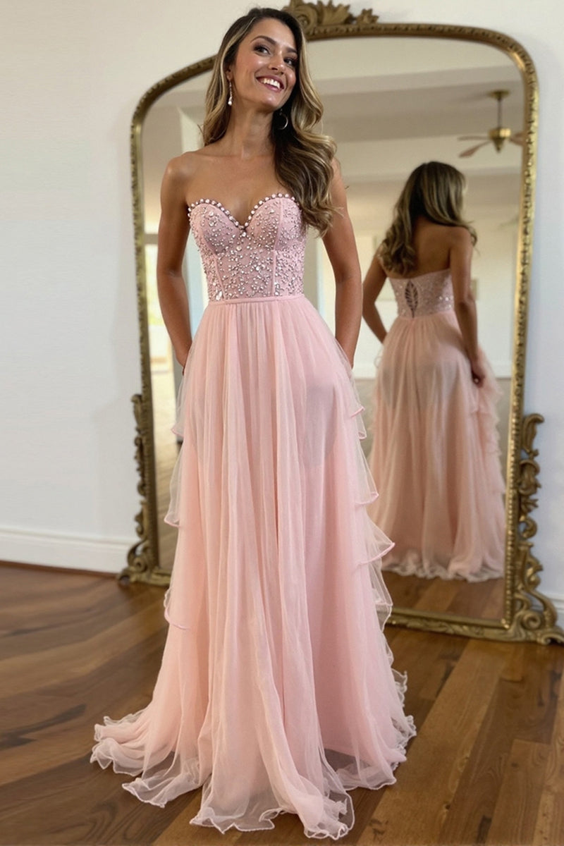 Load image into Gallery viewer, Blush A Line Chiffon Strapless Corset Prom Dress with Beading