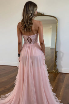 Blush A Line Chiffon Strapless Corset Prom Dress with Beading