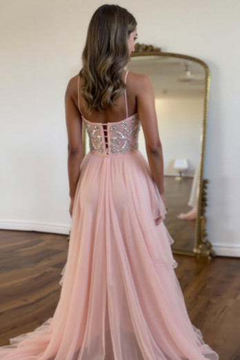 A Line Chiffon Blush Sparkly Prom Dress with Lace Up Back