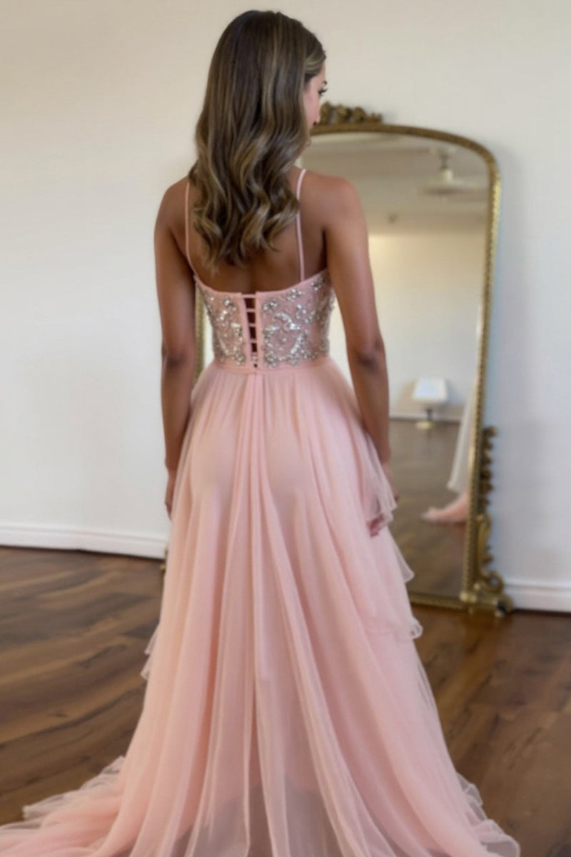 Load image into Gallery viewer, A Line Chiffon Blush Sparkly Prom Dress with Lace Up Back