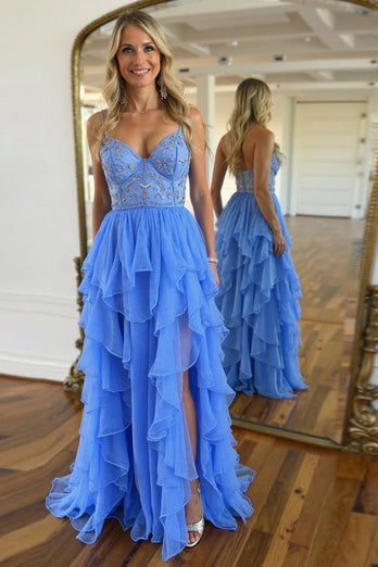 Blue Corset Chiffon A Line Floor Length Prom Dress with Slit