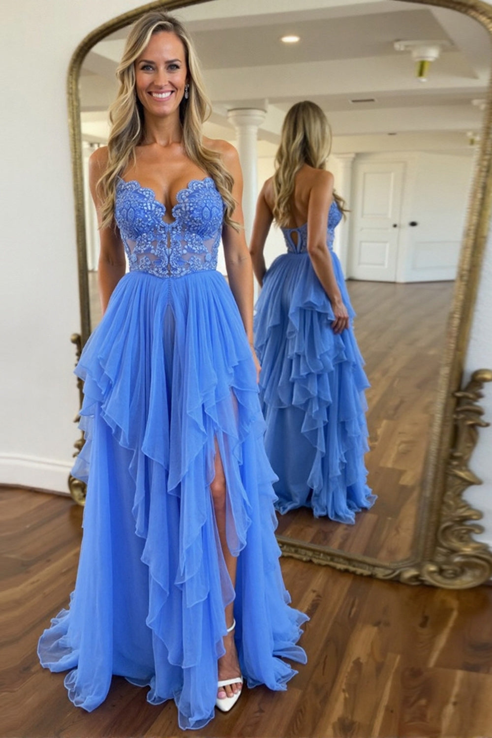 Chiffon A Line Blue Tiered Long Prom Dress with Lace Appliques