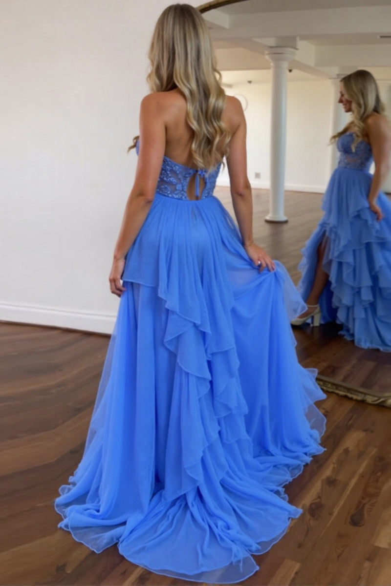 Load image into Gallery viewer, Chiffon A Line Blue Tiered Long Prom Dress with Lace Appliques